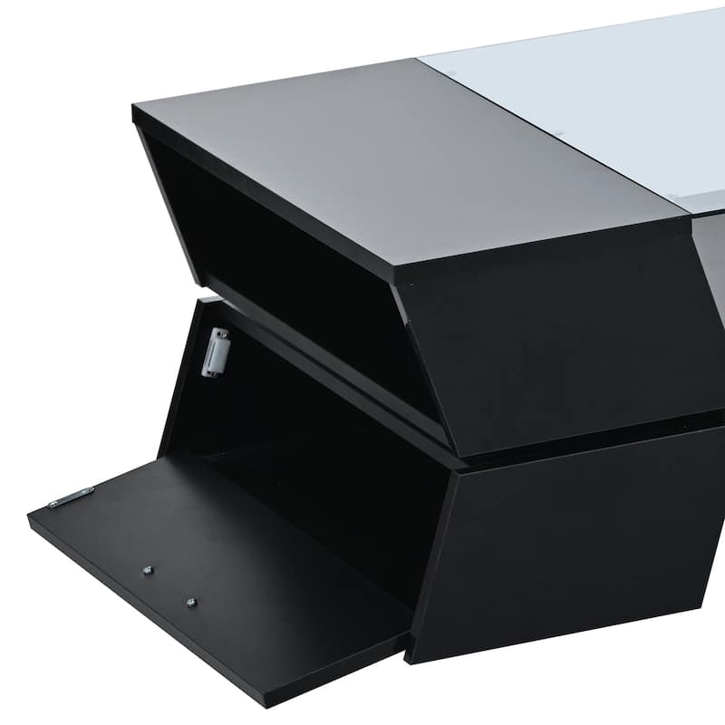 Glass-Top Coffee Table with Open Storage Shelves and Cabinets, Rectangular Cocktail Table 2-Tier Center Table for Living Room