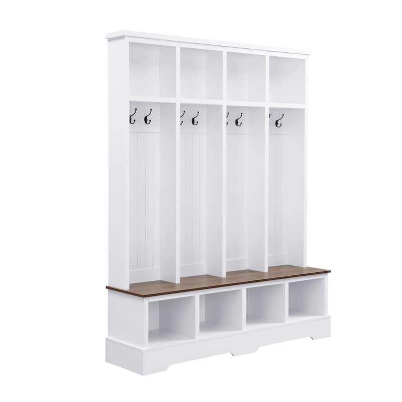 Farmhouse 59" Wide Hall Tree with 8 Hooks - Entryway Bench with Storage, 76.7" Tall Wooden Coat & Shoe Rack for Mudrooms.