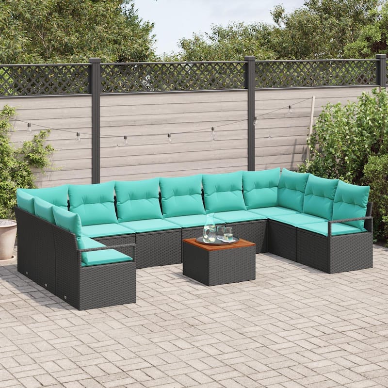 vidaXL 11 Outdoor Sofa Set with Cushions Black/Grey Poly Rattan - 135.4 x 69.7 x 27.2