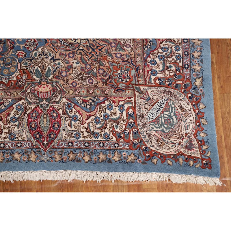 Hand Knotted Oriental 100% Wool Carpet Traditional Floral Navy Blue & Blues Kashmar Area Rug - 12' 9'' X 10' 0''