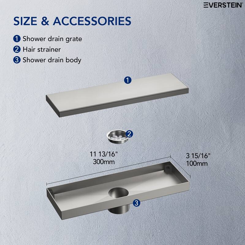 12-inch Linear Shower Drain With Solid Cover in Stainless Steel