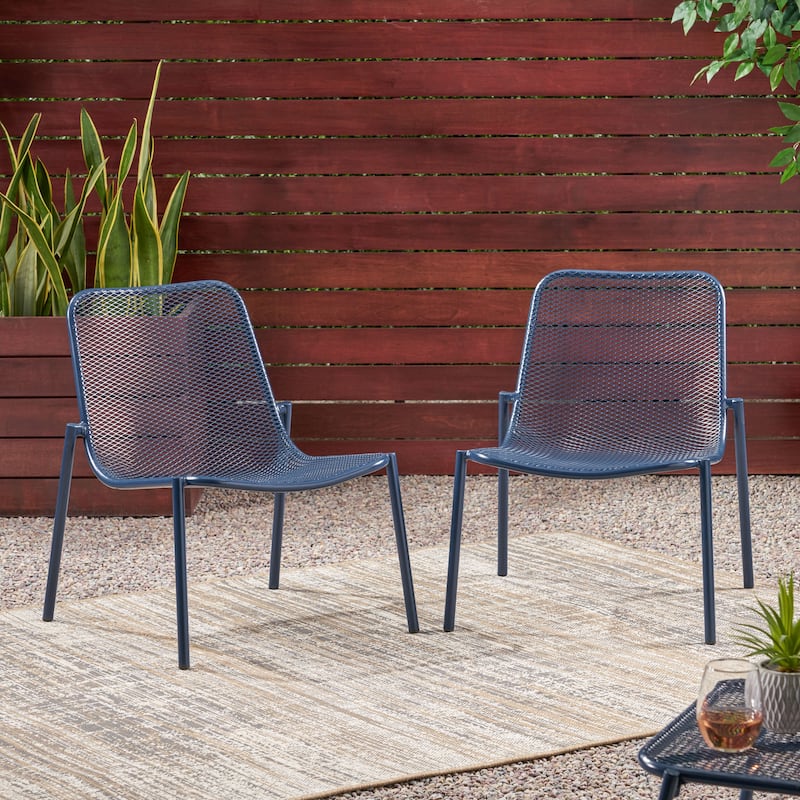 Roomfitters Modern Mesh Patio Lounge Chair Set, Weather-Resistant Outdoor Seating, Powder-Coated Steel, Navy Blue (Set of 2)