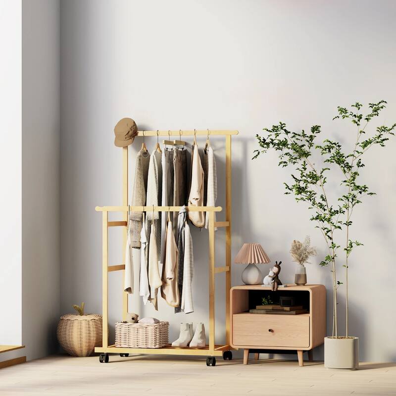 Clothes Rail Rack with Wheels and Wicker Storage Shelves - 31.5” x 15.7” x 63”