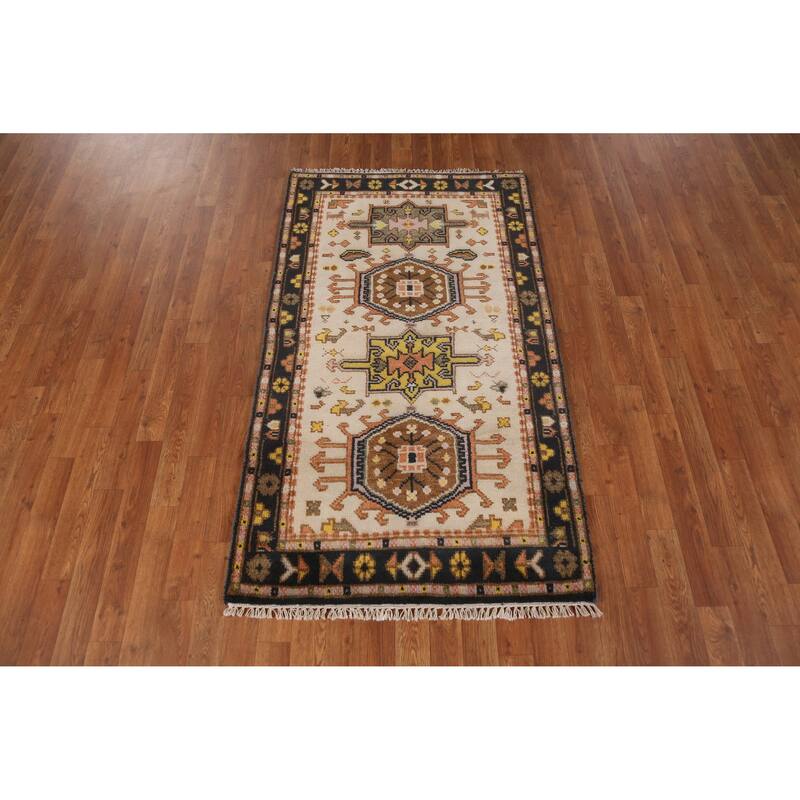 Traditional Beige Heriz Serapi Indian Rug Hand-Knotted Wool Carpet - 3'0" x 5'3"