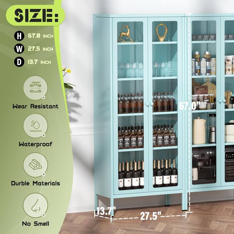 67" Display Curio Glass Metal Storage Cabinet Bookshelves with Glass Doors and 4 Adjustable Shelves
