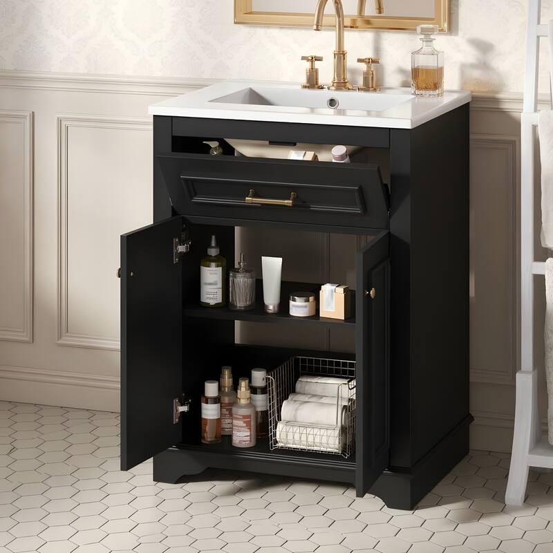 24" Bathroom Vanity with Integrated Ceramic Sink, Bathroom Cabinet with 2 Doors