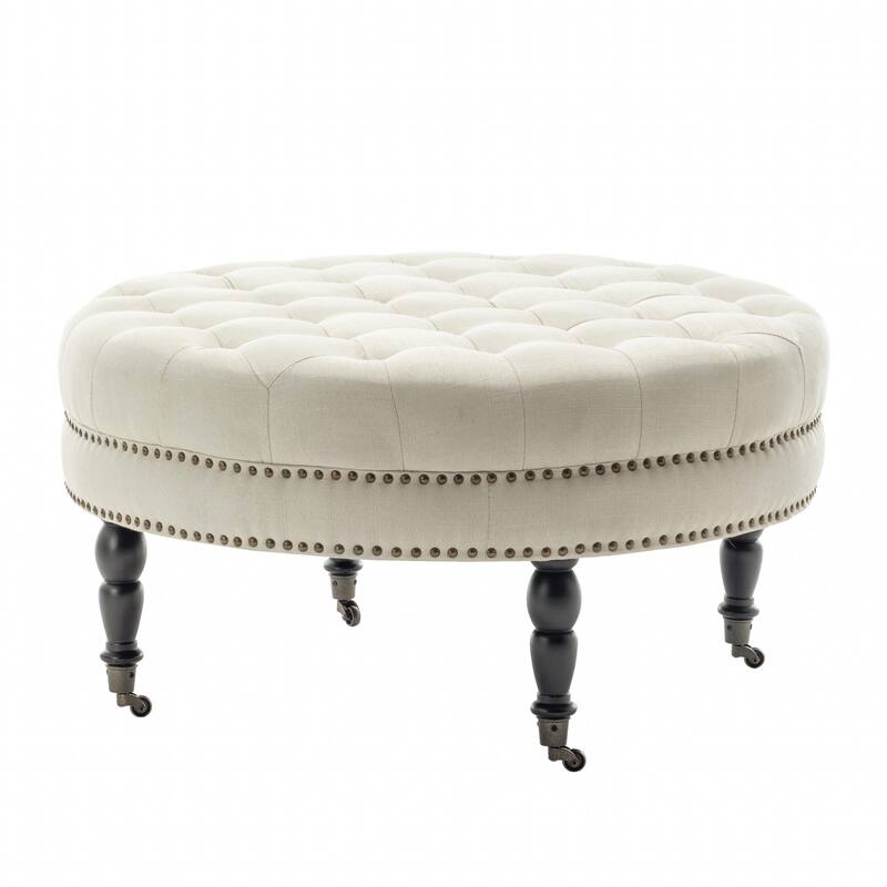 Porthos Home Indy Fabric Round Cocktail Ottoman with Rubberwood Legs and Wheels