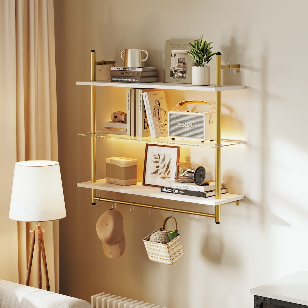 Bestier 41" LED Floating Shelves for Wall, Kitchen Shelves Wall Mounted 3 Tier Shelf with Tower Bar ＆ 8 S-Hooks