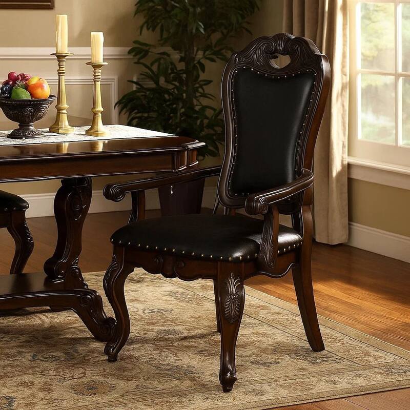 Ons 29 Inch Carved Dining Armchair, Set of 2, Brown Faux Leather