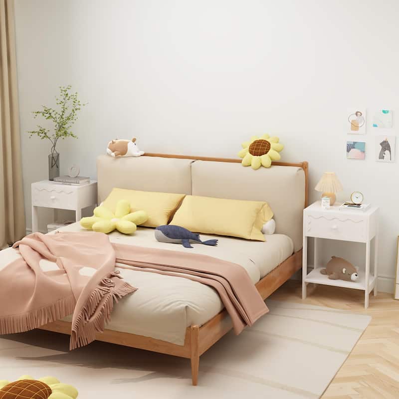 Nightstand with Drawer and Open Shelf, Modern Wave Pattern Bedside Table, Solid Wood Frame End Table for Bedroom, Living Room