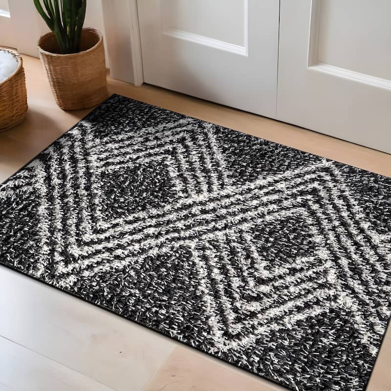 Abstract Geometric Shag Rug - Anthracite Dark Gray - Medium Pile Rug - Kid & Pet Friendly - 2' x 3'