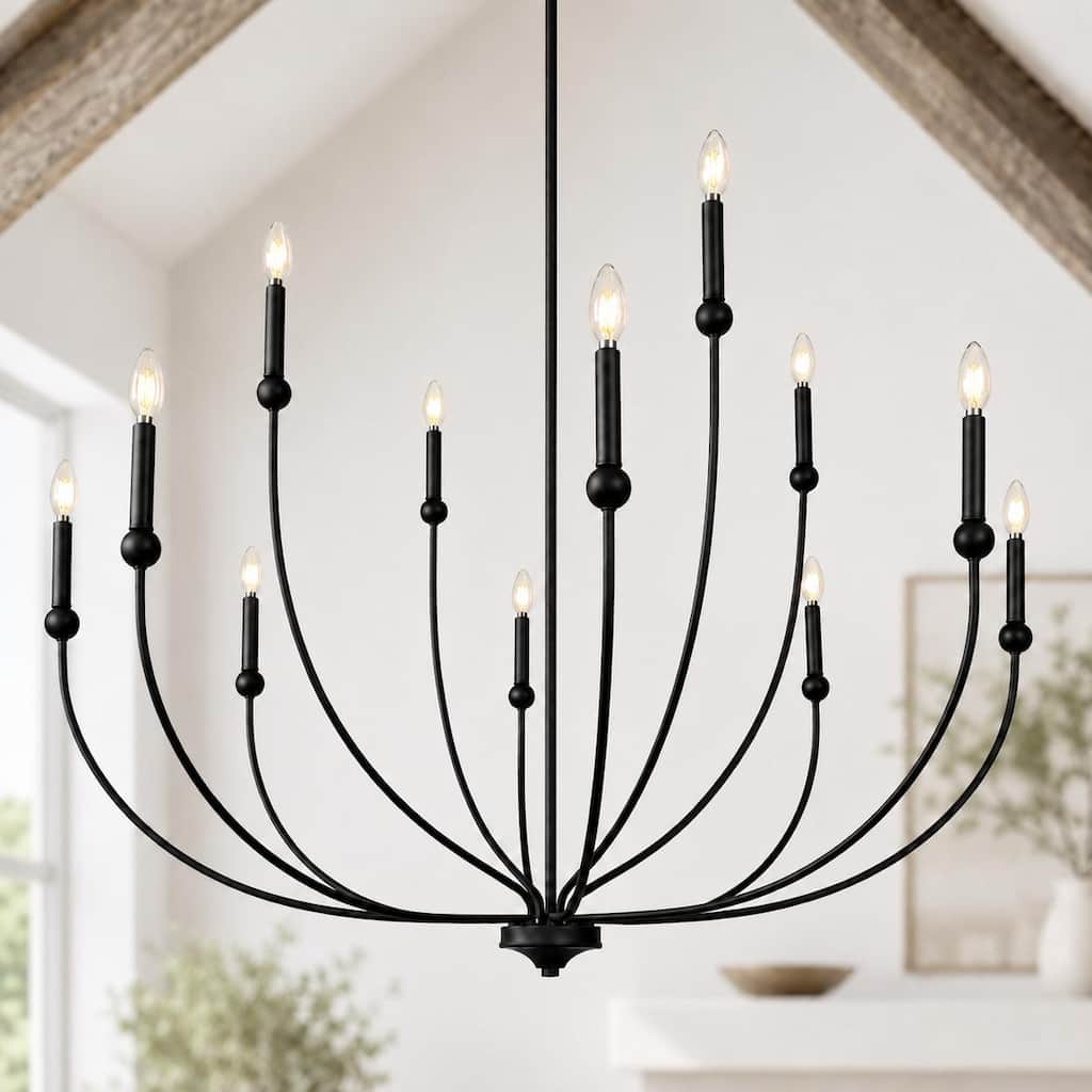LALUZ Oriea 48.8 IN Modern Transitional 12-Light Black Wheel Chandelier for Large Living Dining Room Foyer