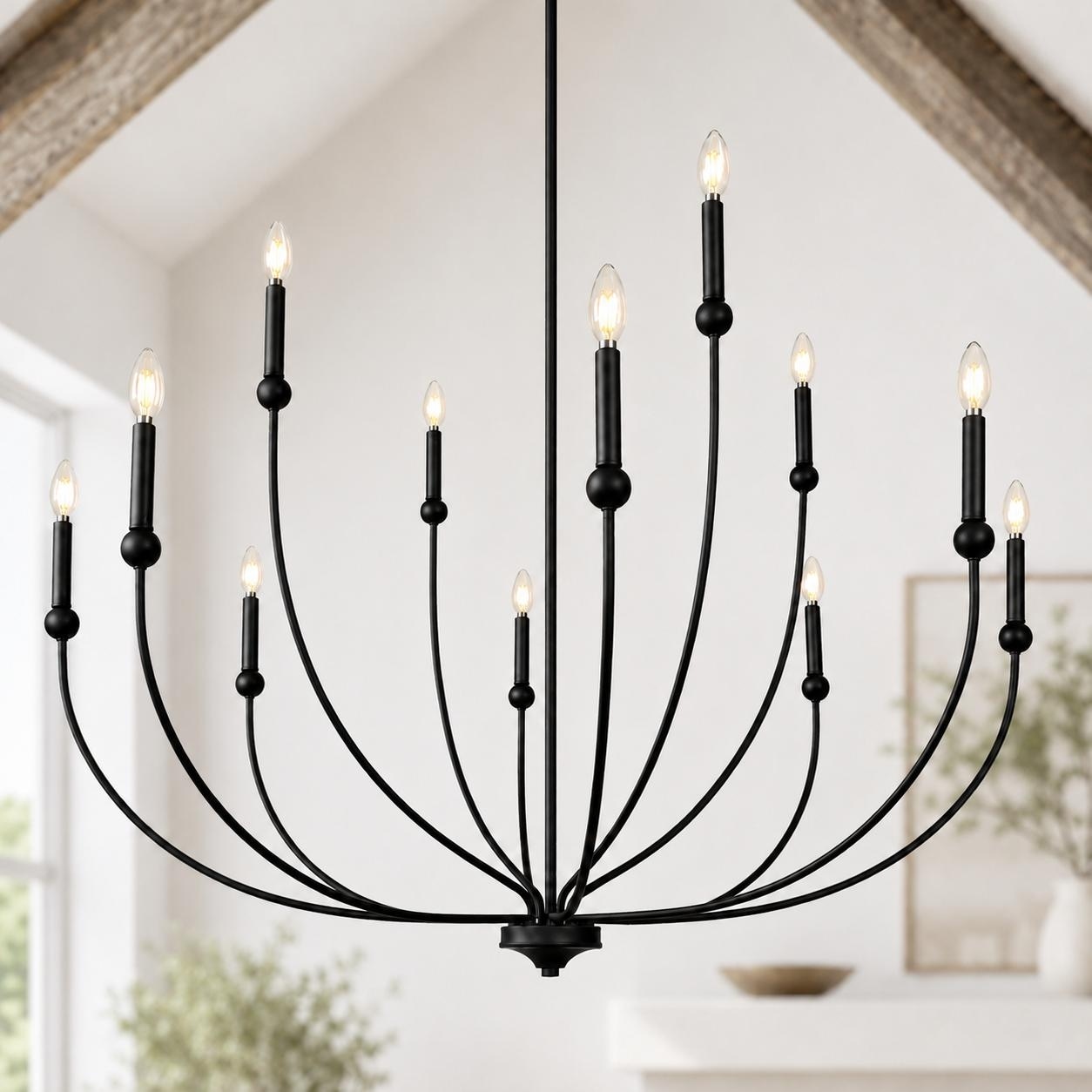 LALUZ Oriea 48.8 IN Modern Transitional 12-Light Black Wheel Chandelier for Large Living Dining Room Entryway