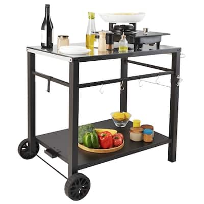 Black Outdoor BBQ Prep Table with Storage Shelves and Accessories - 39.37” L x 25.19” W x 32.87” H