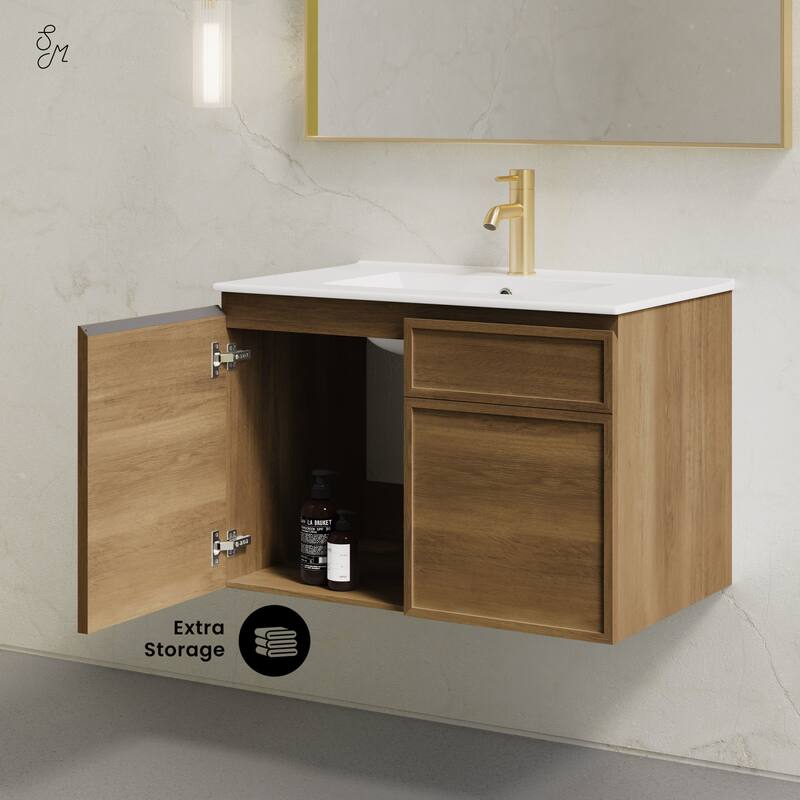 St. Tropez 30" Wall-Mounted Bathroom Vanity In Brown Oak With Sink Top - 30