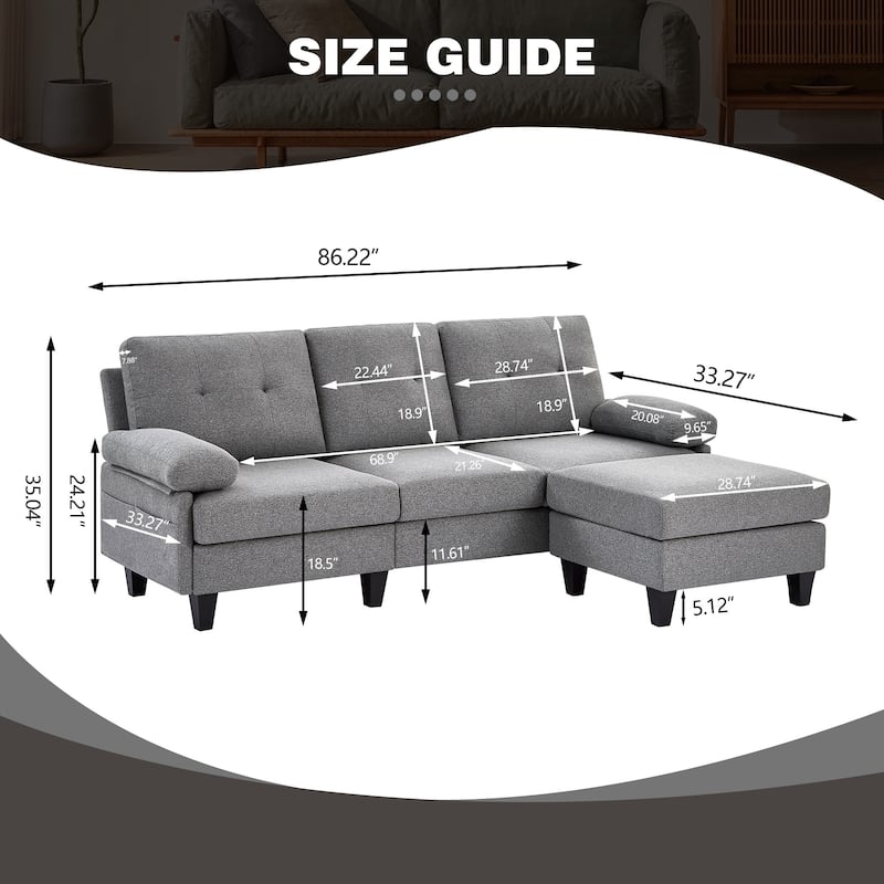 86.22" Wide Sectional Sofa with Ottoman & Side Storage Bags