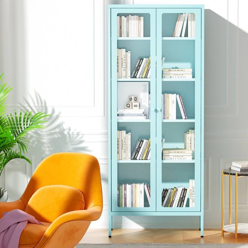 67" Display Curio Glass Metal Storage Cabinet Bookshelves with Glass Doors and 4 Adjustable Shelves - Blue