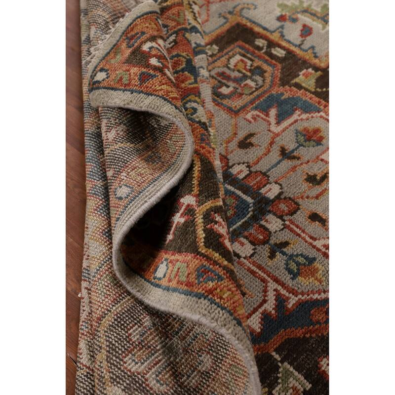 Geometric Heriz Serapi Indian Area Rug Hand-Knotted Grey Wool Carpet - 7'9"x 9'11"