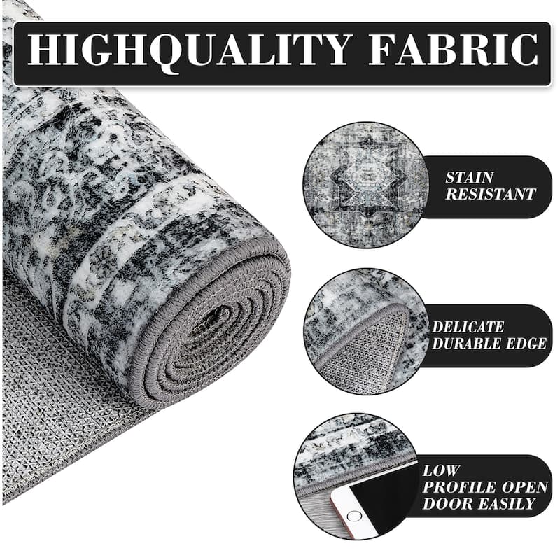 Machine Washable Area Rug Vintage Medallion Rugs Non Slip Low Pile Bedroom Rug