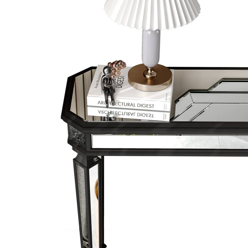 Roomfitters 48" Mirrored Console Table, Carved Wood Entryway Sofa Table with Silver Glass & Black Finish