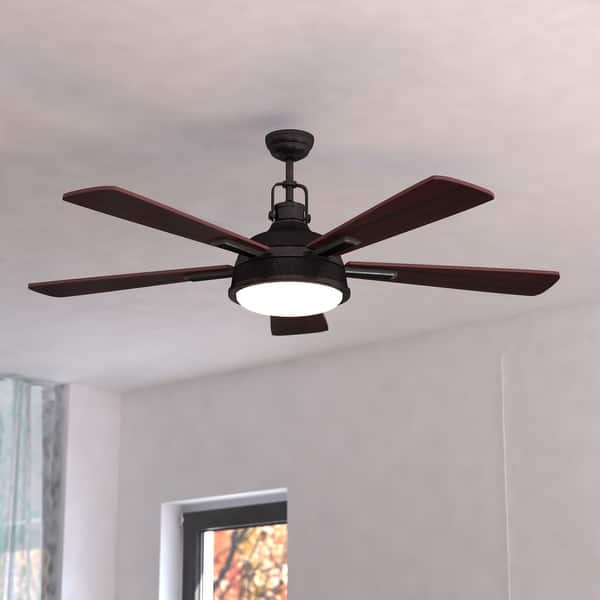 slide 2 of 11, Walton 52 in. Gold Stone Ceiling Fan, Reversible Dark Bronze-Mocha Blades, Dimmable LED Light Kit and Remote, White Glass Shade 52-in W x 19.75-in H x 52-in D - Gold Stone