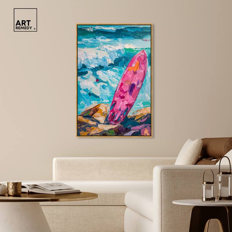 Art Remedy Just A Little Break Wave Framed Colorful Coastal 1 Piece Canvas Wall Art