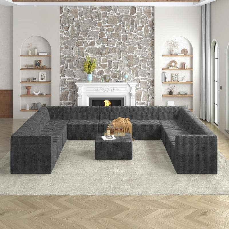 U-Shape Sleeper Sofa,No Tool Modular Corduroy,Space-Saving Living Room - Grey-9Seat