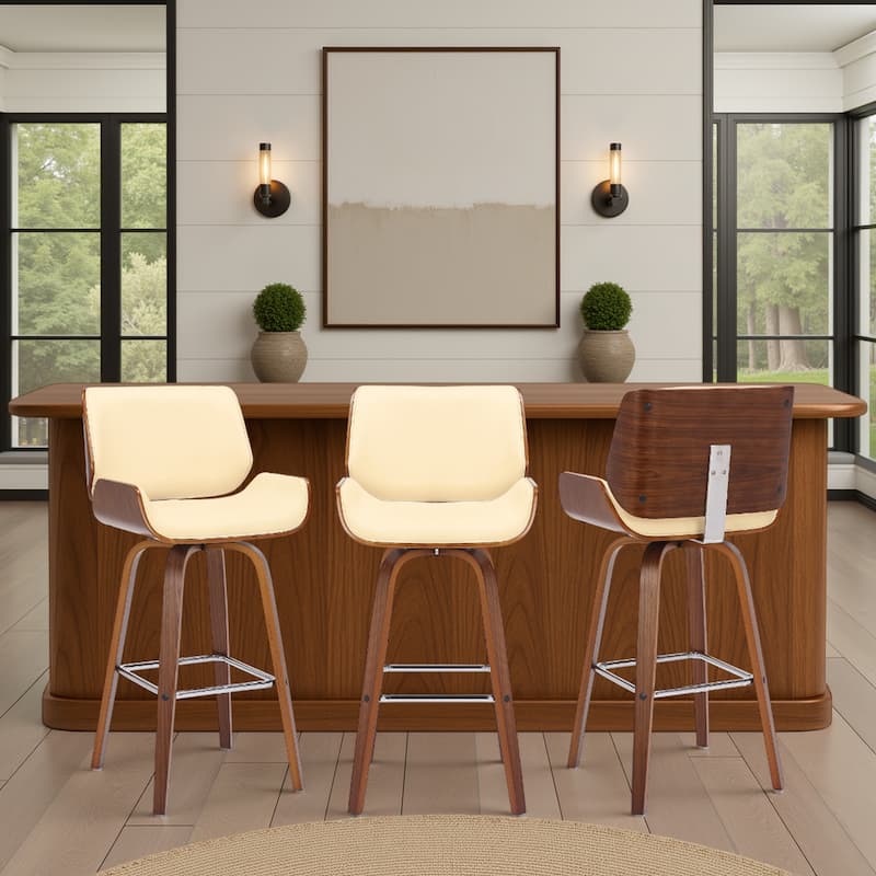 Tyler Mid-Century Swivel Bar Stool, Upholstered Counter Height Chair with Bentwood Legs - Set of 3 - Cream & Walnut - Bar Height