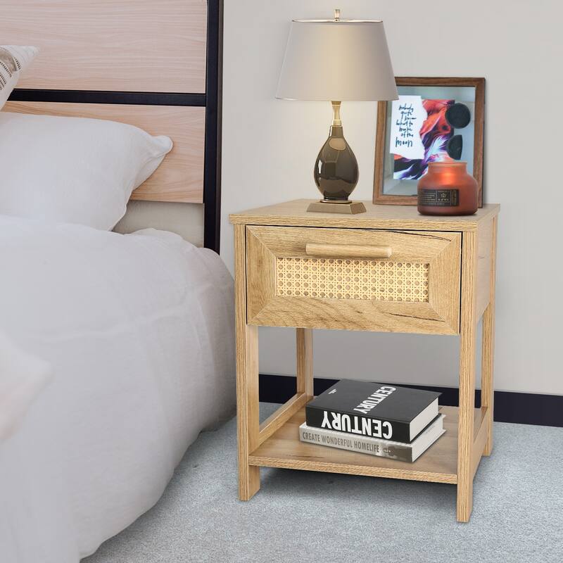 Rattan Design Nightstand with 1 Drawer and 1 open storage shelf,Set of 2