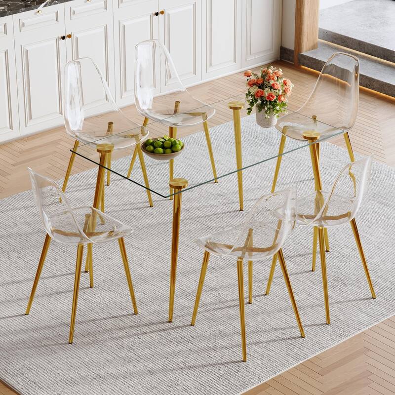 Modern Luxurious Rectangular Tempered Glass Dining Table Set- with 6 Transparent Plastic Chairs with Gold Metal Legs