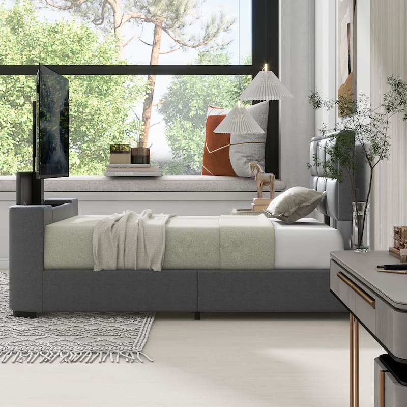 Queen Size Upholstered TV Platform Bed Frame with Height Adjustable