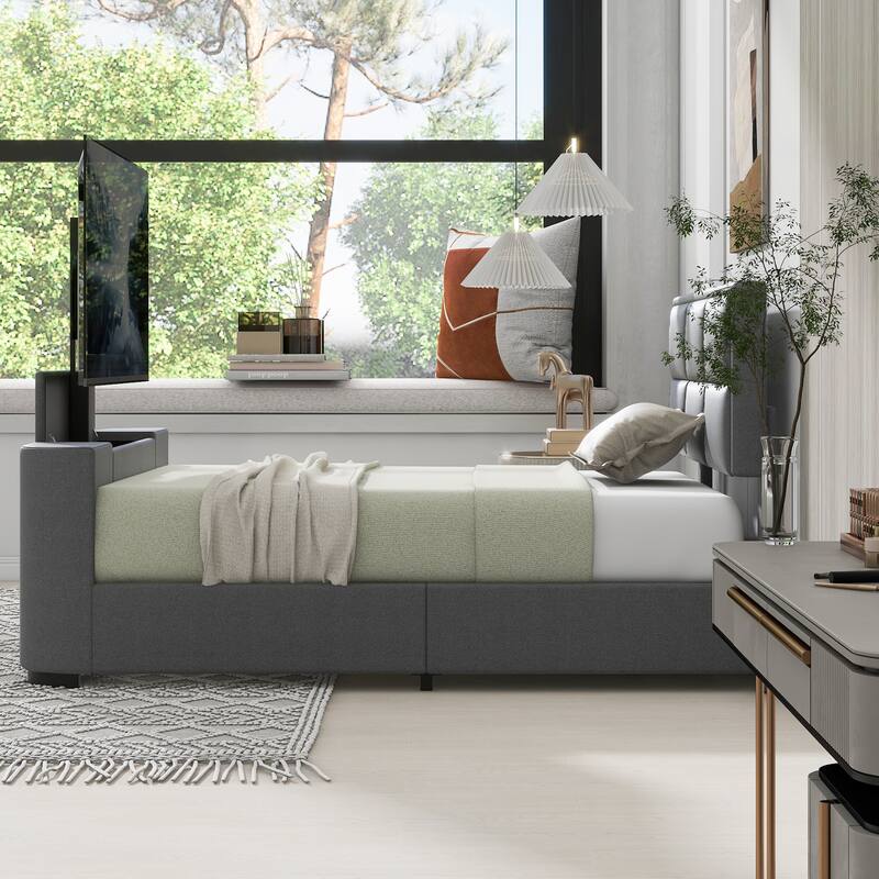 Queen Size Upholstery TV Platform Bed Frame with Height adjustable