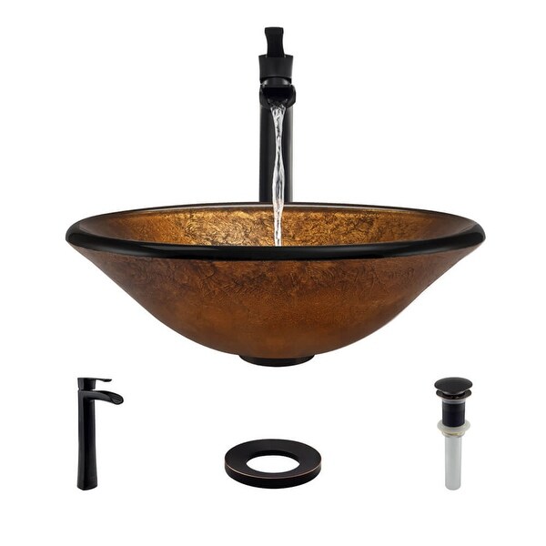 Rene R5-5013-R9-7007 17-3/4" Glass Vessel Bathroom Sink with Vessel Faucet, Sink Ring, and Vessel Pop-Up Drain