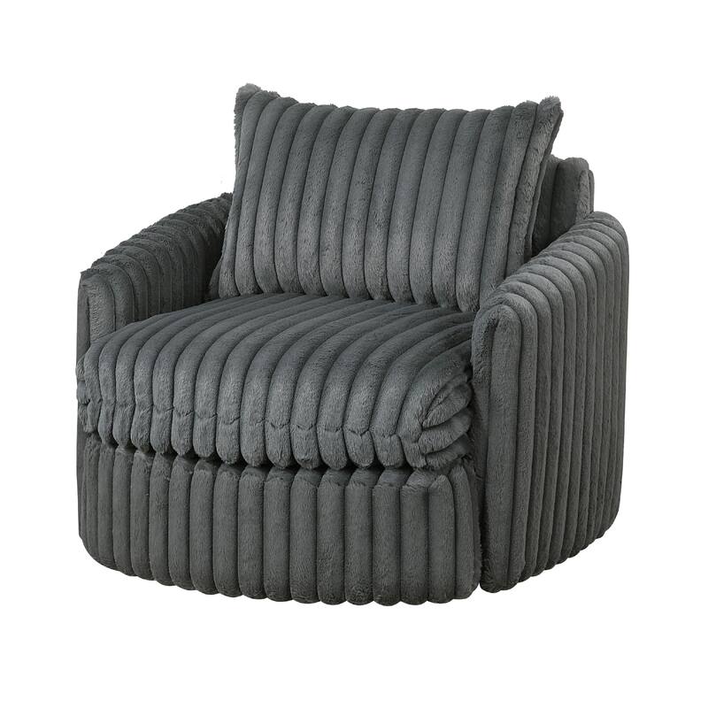 Goro Round Swivel Accent Chair, 39 Inch, Gray Corduroy, Solid Wood