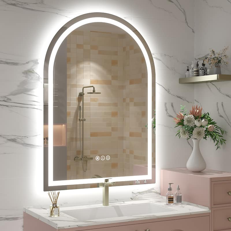 UL Certified Arched LED Anti-fog Tempered Glass Wall Bathroom Vanity Mirror - 42"x30" - Front and back light