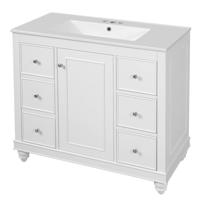 36" Bathroom Vanity with Ceramic Sink Combo, Solid Wood Frame Bathroom Cabinet