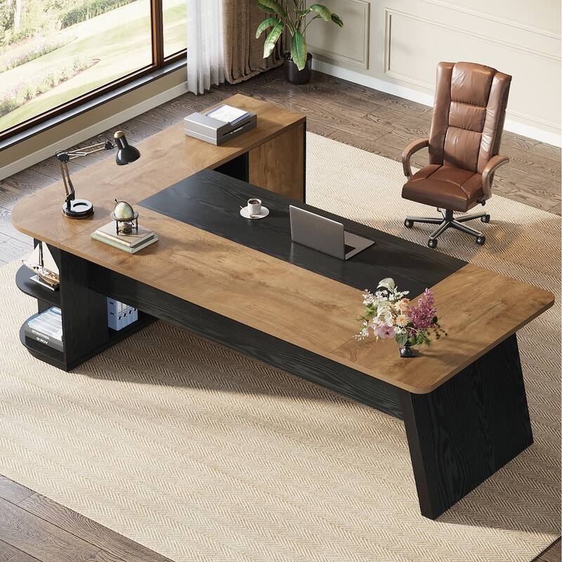 79 Inch Office Executive Desk with File Cabinet, L-Shaped Corner Desk with Storage Shelves for Home Office