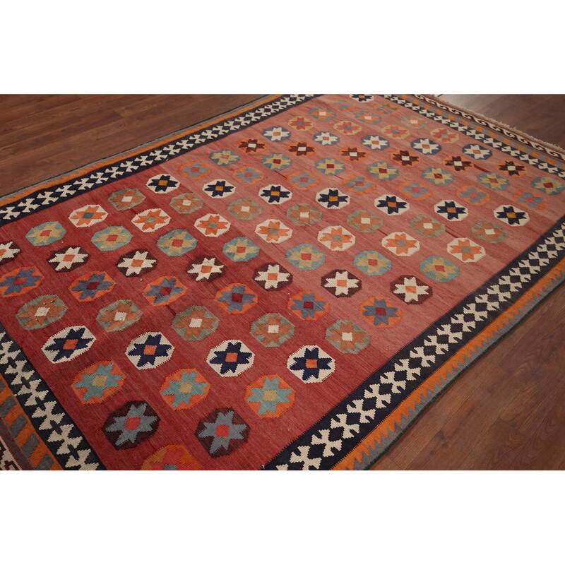 Kilim Qashqai Persian Vintage Rug Hand-Woven Pink Wool Carpet - 5'0"x 7'10"