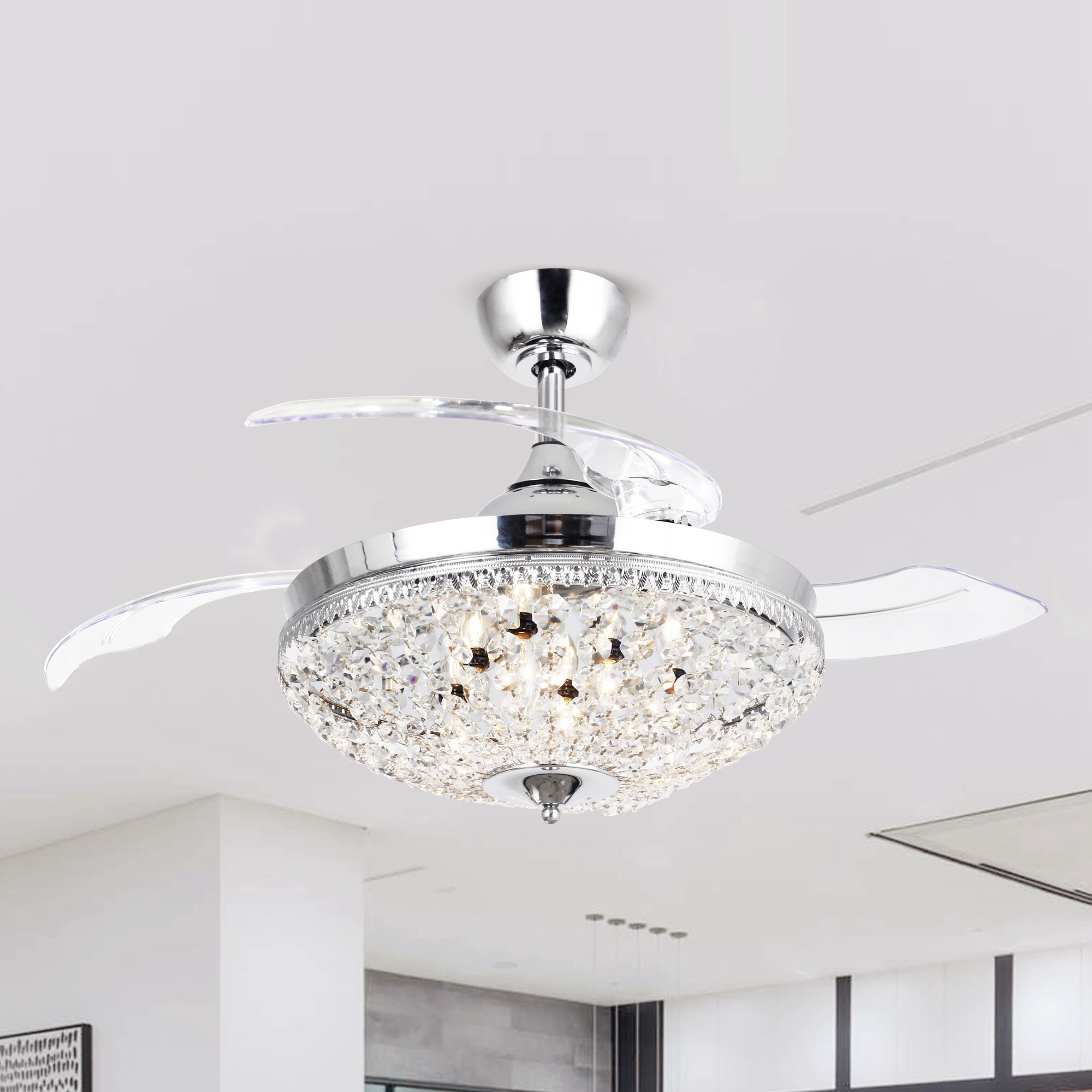 42 Modern Crystal Ceiling Fan with Light Retractable Blades Chandelier Fans LED Light Kit Include Crystal Ceiling Fan Light with Remote 3 Speeds and Light Changes Polished Chrome 