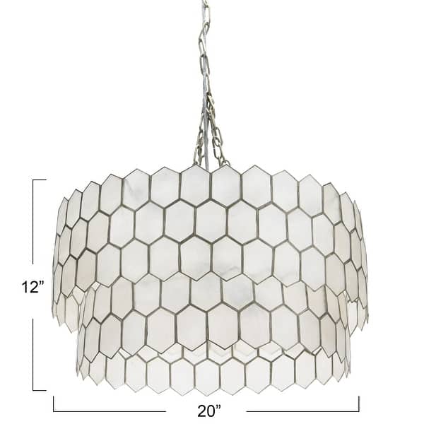 dimension image slide 2 of 3, Two-Tier Capiz Honeycomb Chandelier - 20.0"L x 20.0"W x 12.0"H