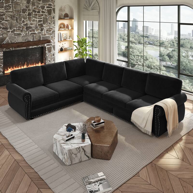 L-Shaped Sectional Sofa with Pull-Out Bed, Oversize Convertible Sleeper Sofa with Rolled Arms, Chenille Upholstery