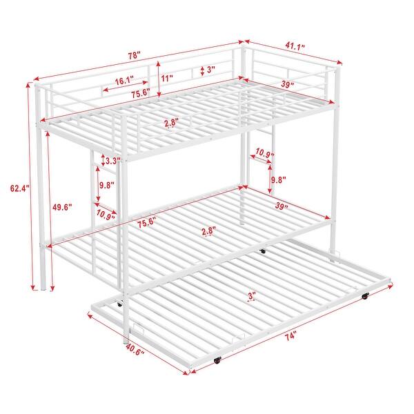 White Twin Over Twin Metal Bunk Bed with Trundle, Ladders, Easy Assembly