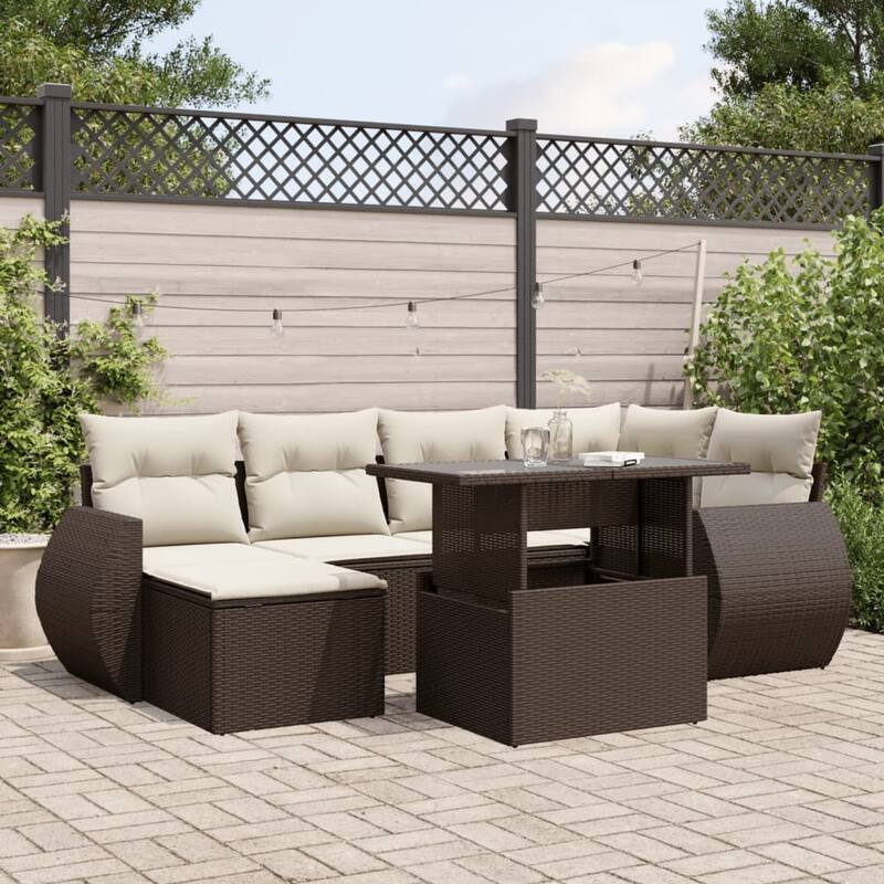 vidaXL Patio Sofa Set with Cushions Outdoor Furniture 7 Piece Poly Rattan - Brown and Cream-without storage - 21.7 x 39.4 x 27.2