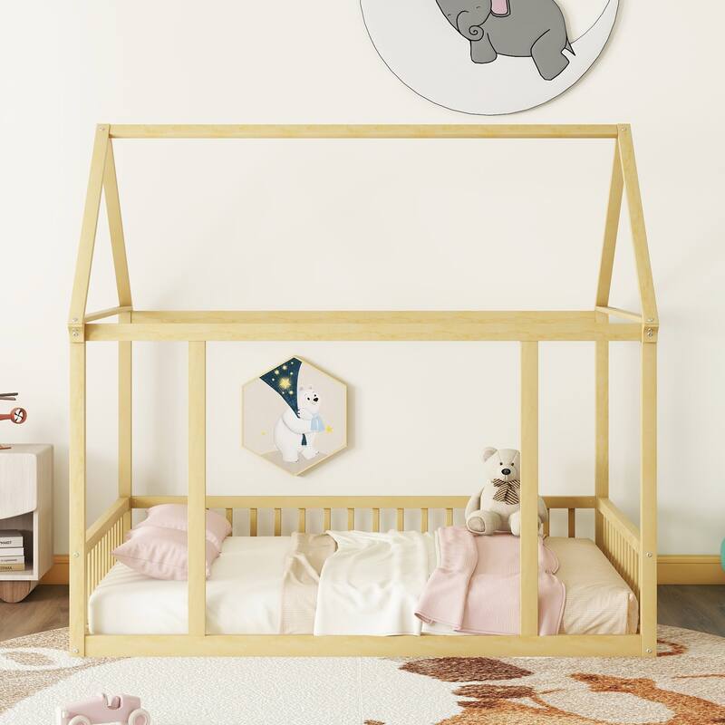 Full Size Floor Wooden Bed with House Roof Frame and Safety Guardrails, NO Box Spring Required, Easy Assembly