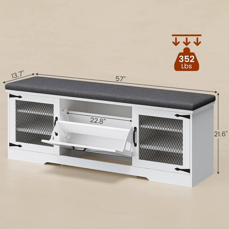 Storage Bench with Cushion Adjustable Shelf Shoe Rack Cabinet