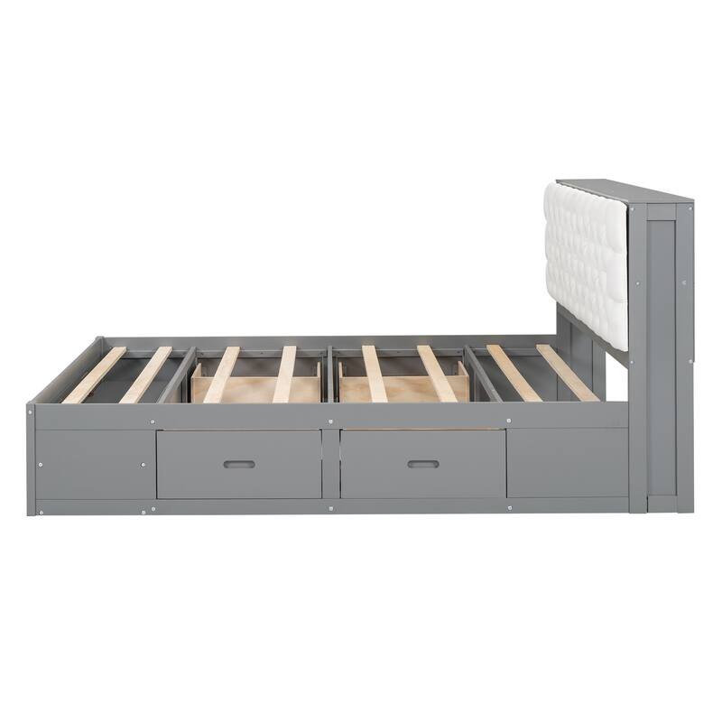 Queen Size Wood Bed with Storage Headboard, Shoe Rack, 4 Drawers