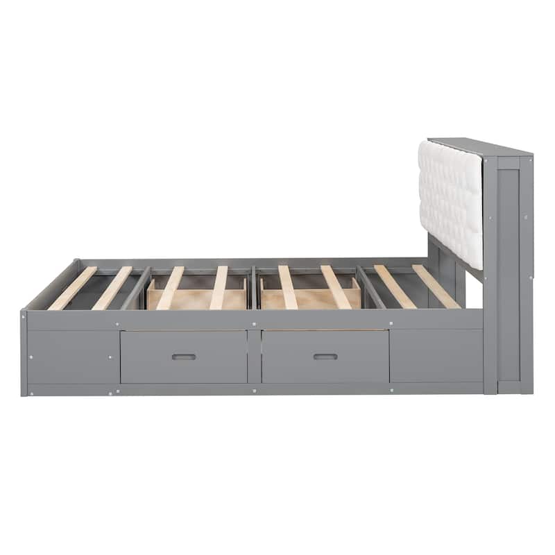 Wood Queen Size Platform Bed with Storage Headboard & shoe rack and 4 drawers