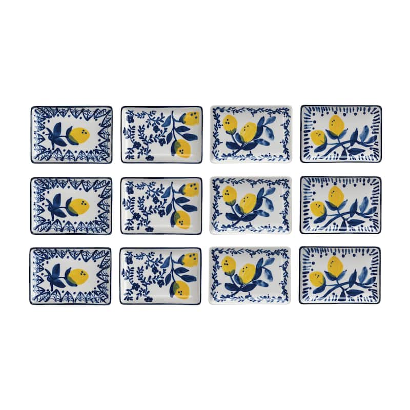 Stoneware Plate with 4 Lemon Designs - 6.0"L x 4.4"W x 0.8"H - 12 Piece - Multi - 6.0"L x 4.4"W x 0.8"H