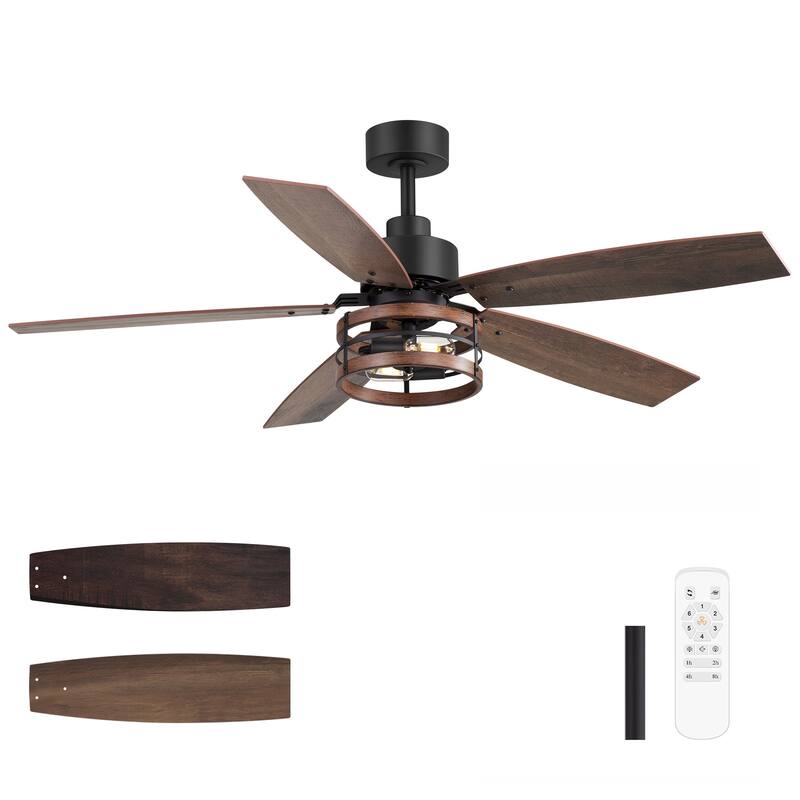 52" Farmhouse Reversible 5-Blade Black Caged Ceiling Fan with Light and Remote
