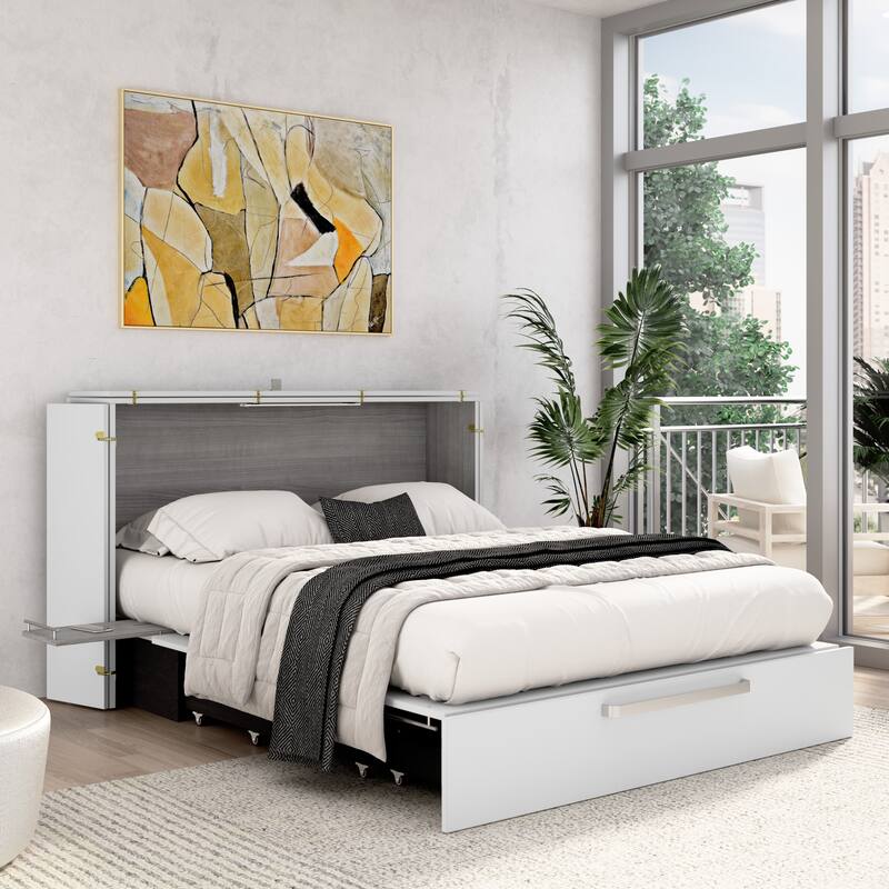 Bestar Borealis 63W Queen Murphy Cabinet Bed with Pullout Drawer - White/Platinum Gray